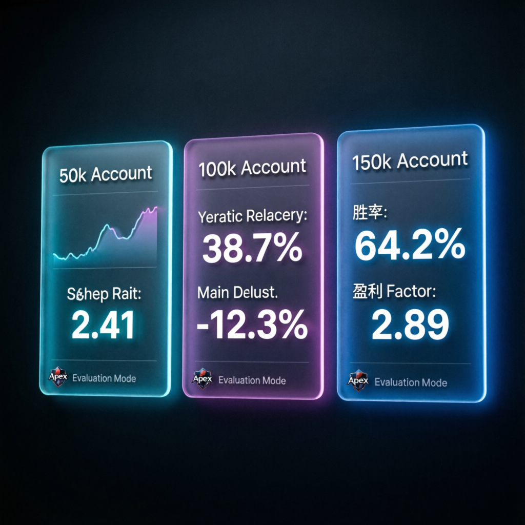 Apex Trader Funding account sizes comparison showing 50k, 100k, and 150k evaluation modes