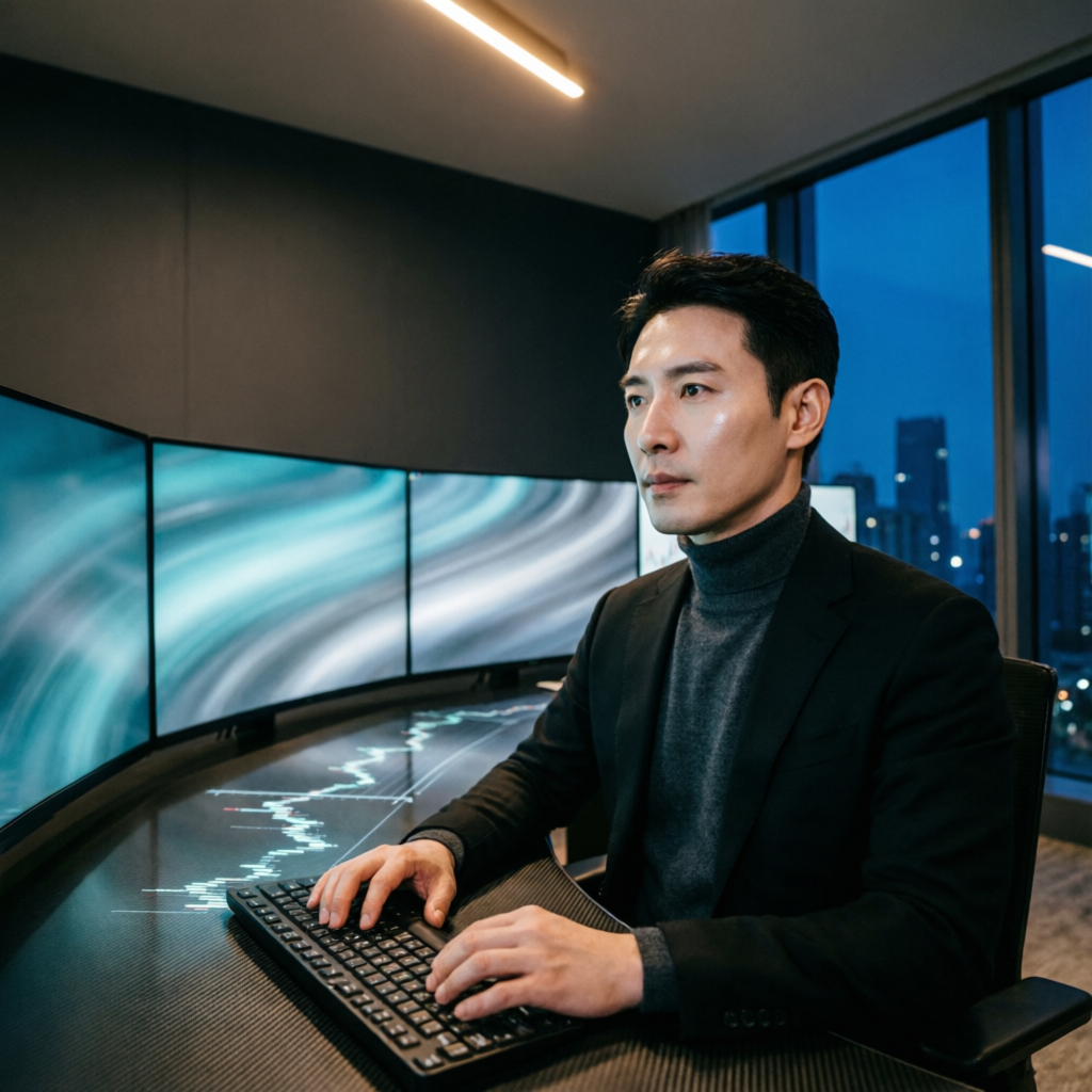 Professional trader in flow state analyzing multiple screens with focus and discipline