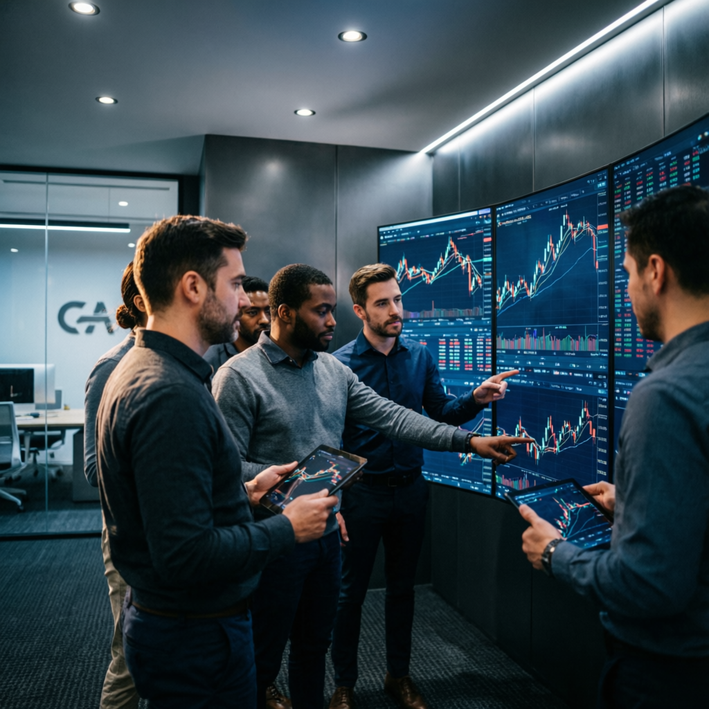 Professional trading team collaborating on futures market analysis