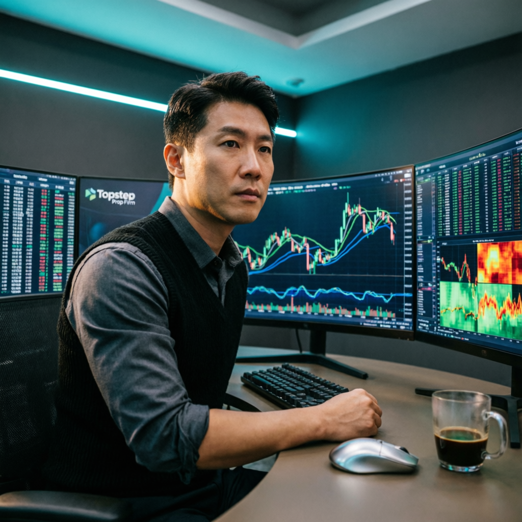 Professional Topstep futures trader analyzing charts on multi-monitor setup