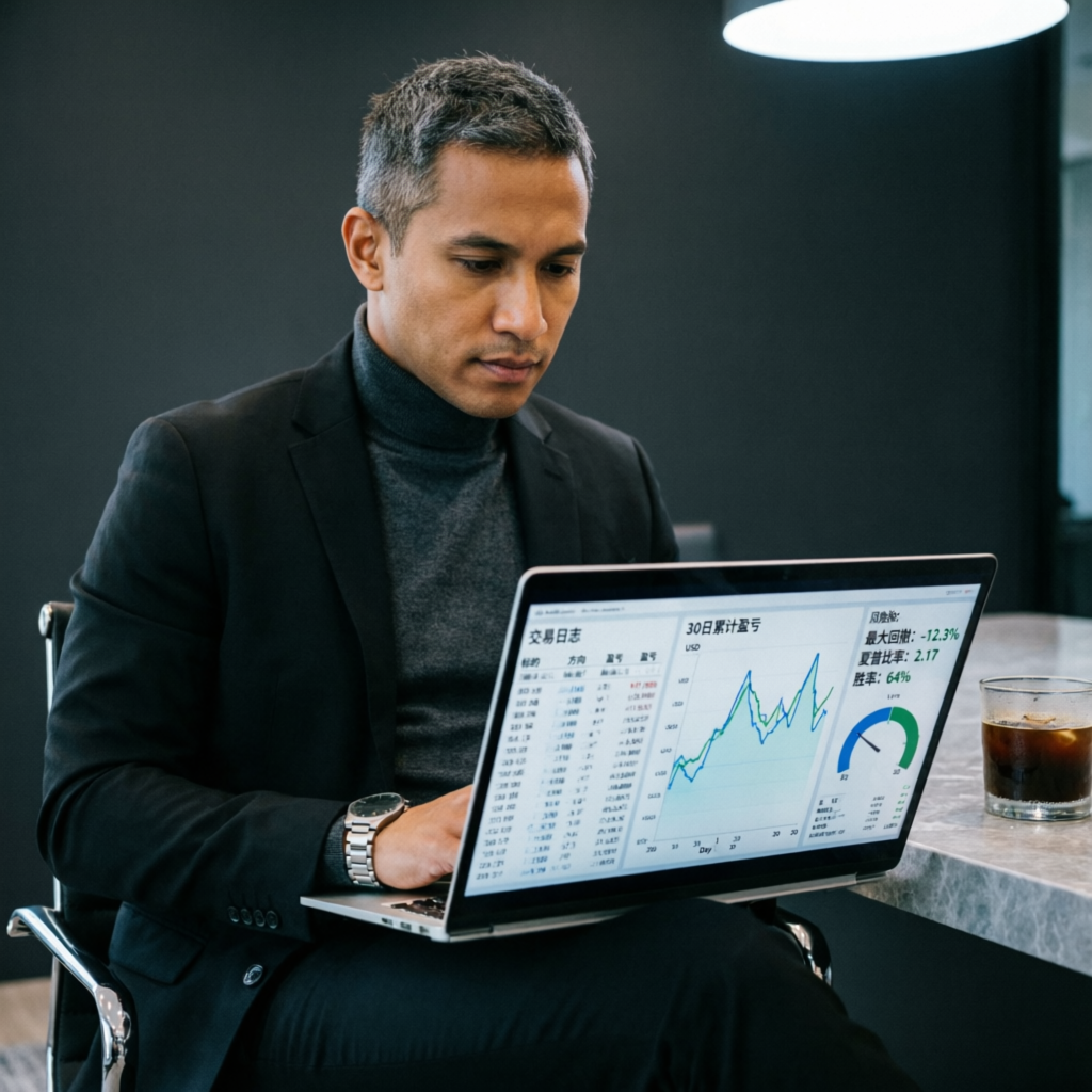Professional trader reviewing 30-day Topstep performance analytics on laptop