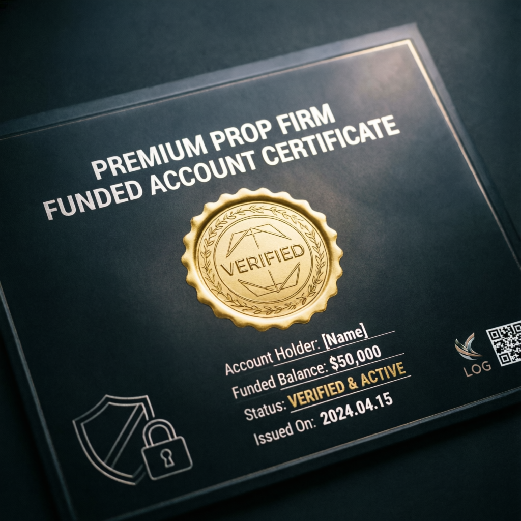 Premium prop firm funded account certificate with verification seal