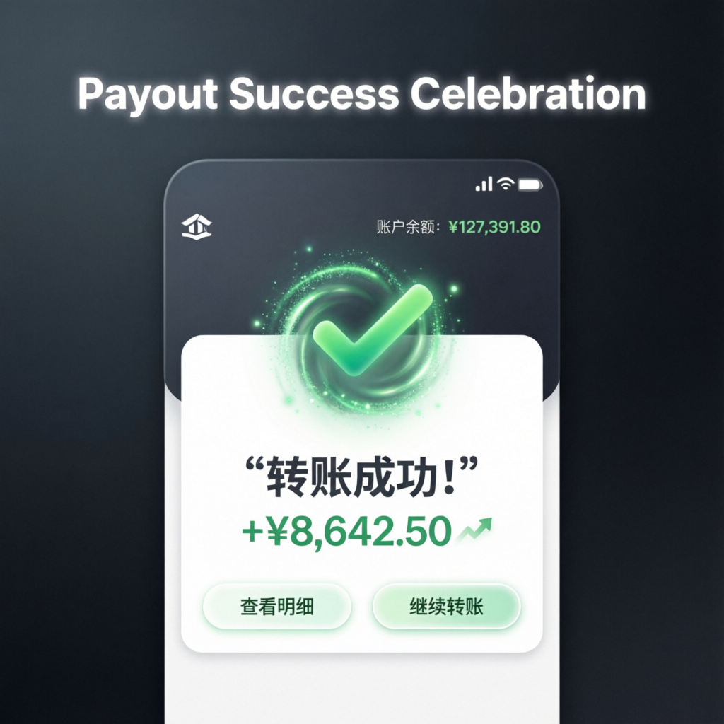 Payout success notification showing successful fund transfer to bank account