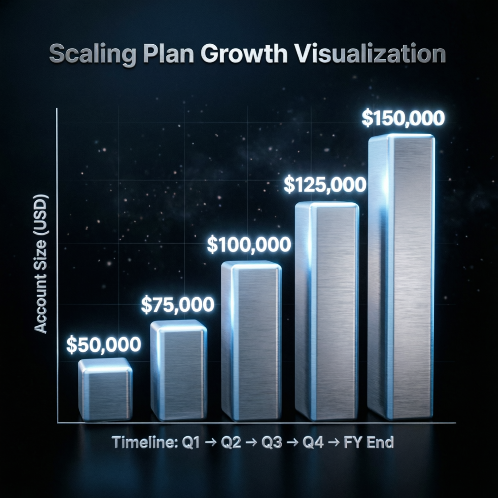 Scaling plan growth visualization showing account size progression from 50K to 150K