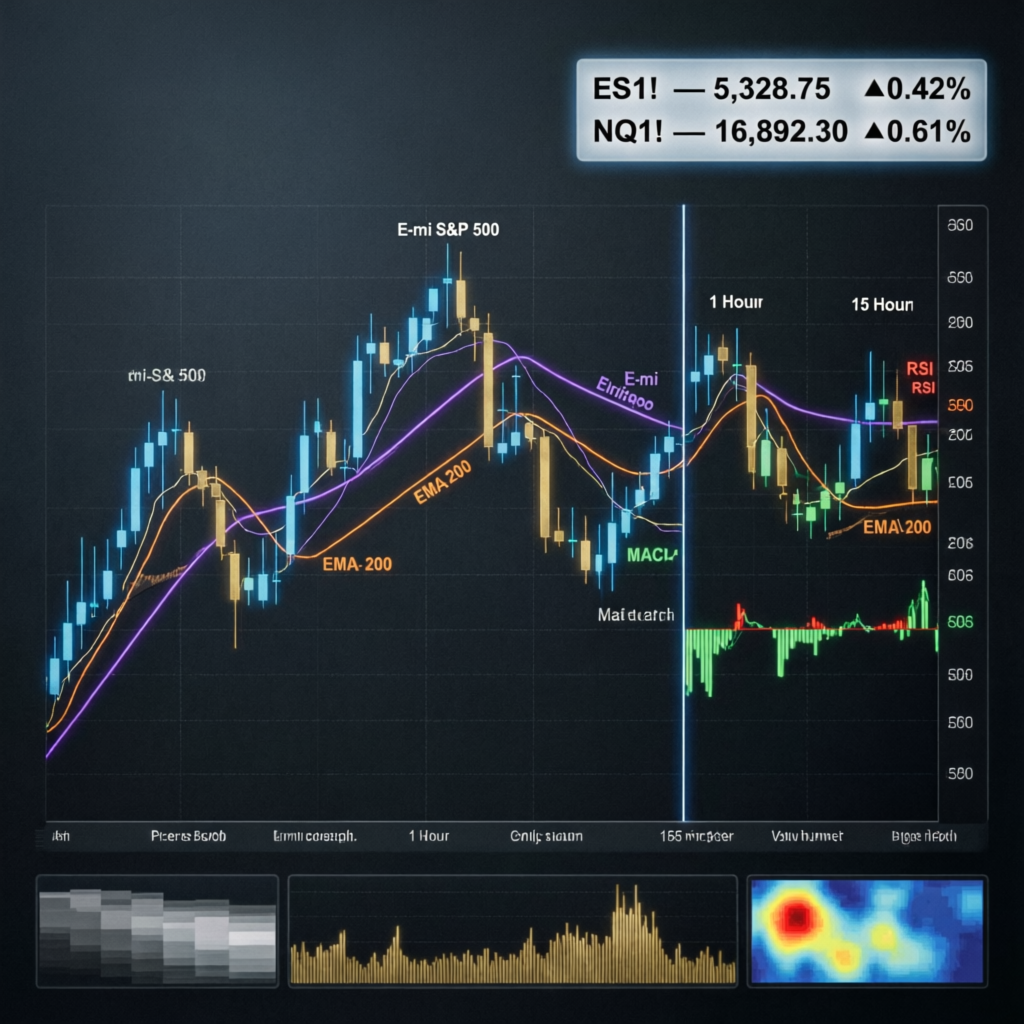 E-mini S&P 500 and Nasdaq futures trading chart analysis with technical indicators