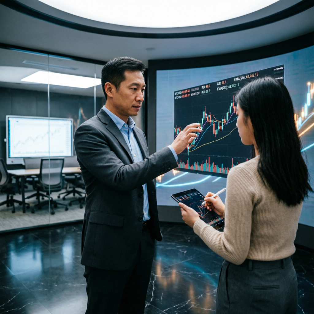 Professional trading mentor explaining risk management strategies to student