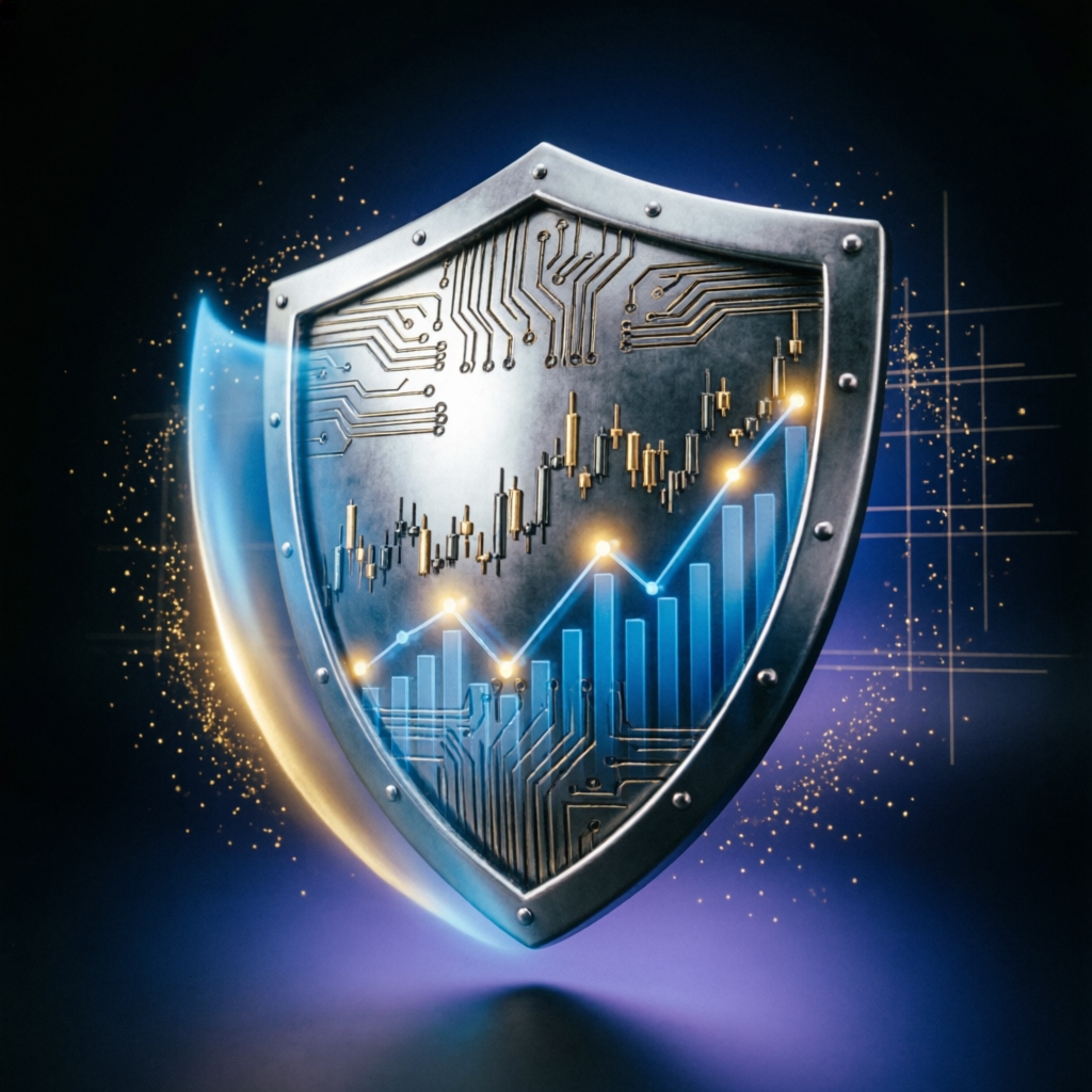 Risk management shield protecting trading charts and financial data