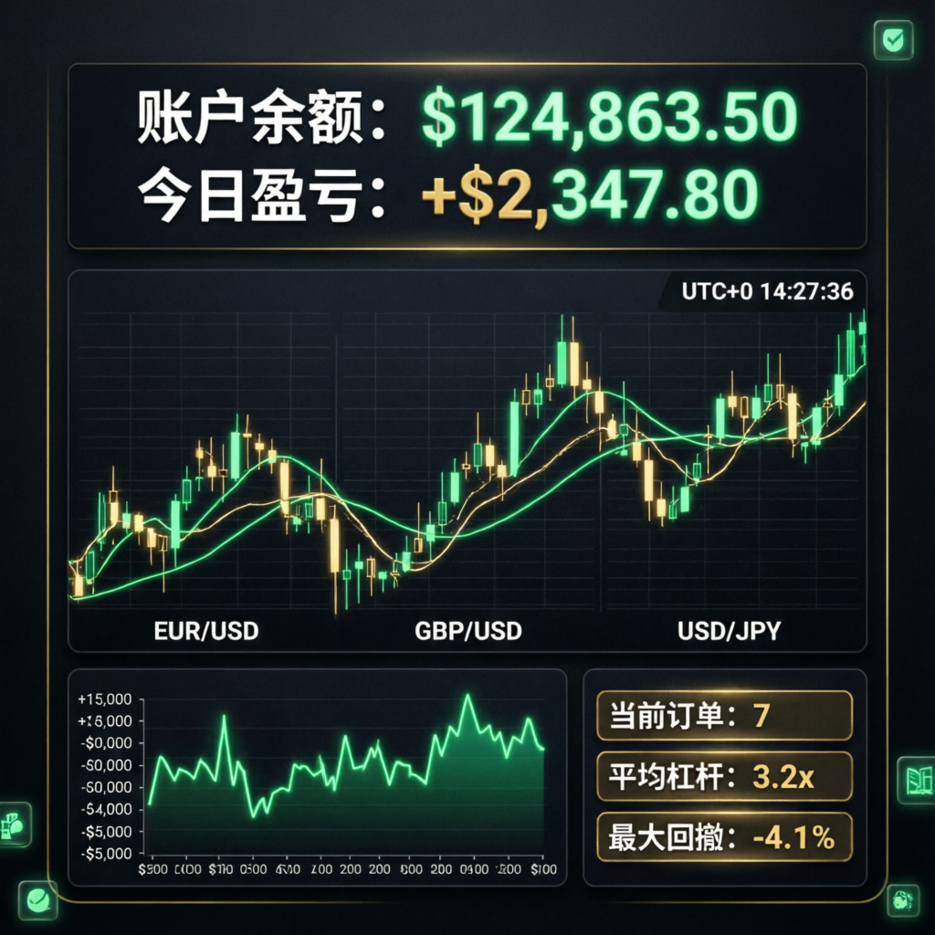 Professional trading dashboard showing funded account management metrics and profit growth