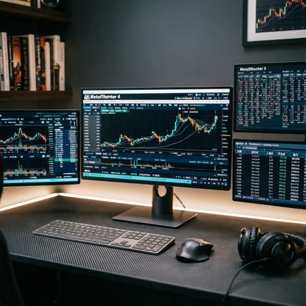Professional forex trading setup with multiple monitors showing MT4 and MT5 platforms