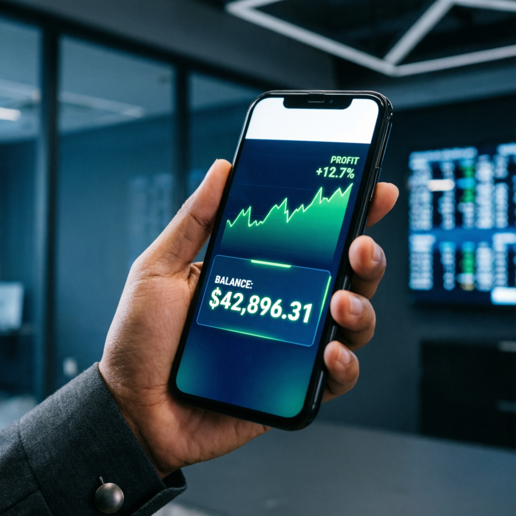 Mobile phone showing forex trading app with profit charts and account balance