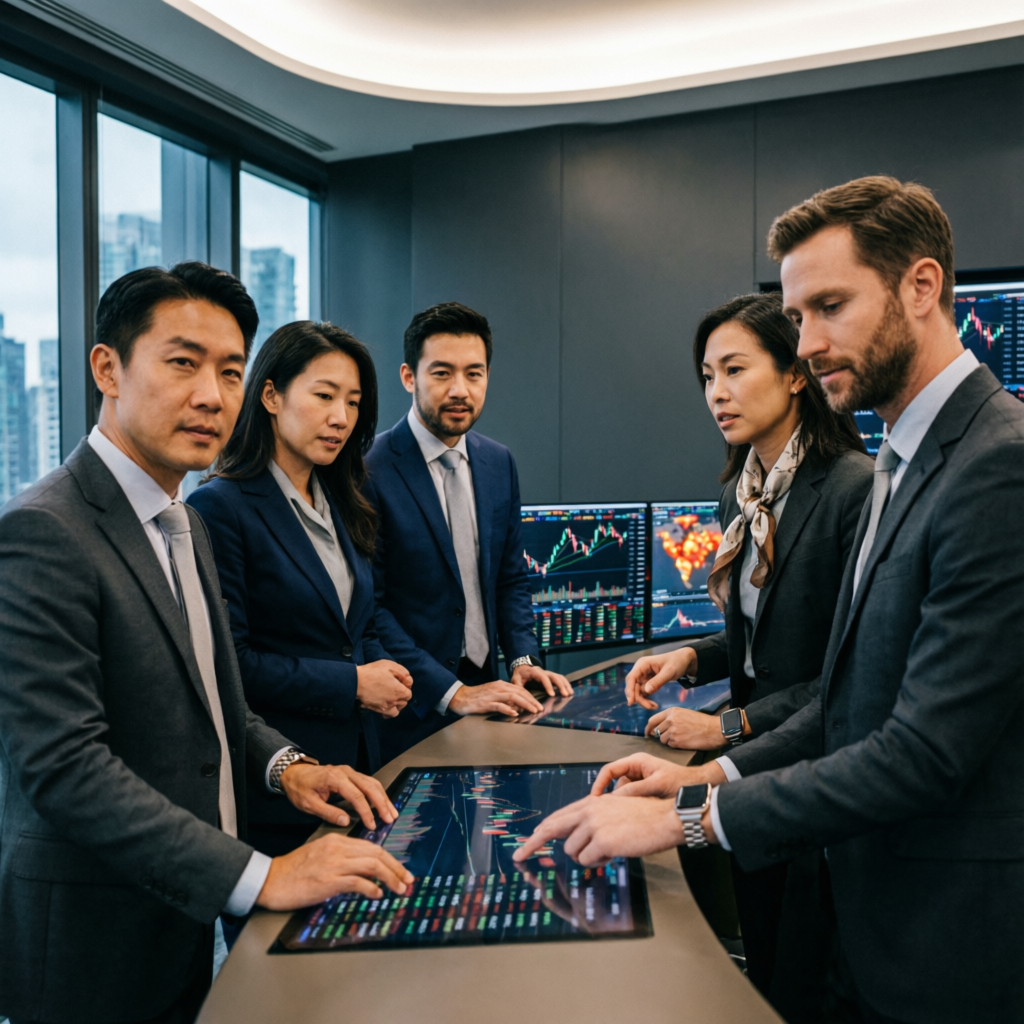 Professional team of forex traders and analysts collaborating on prop firm challenge strategies