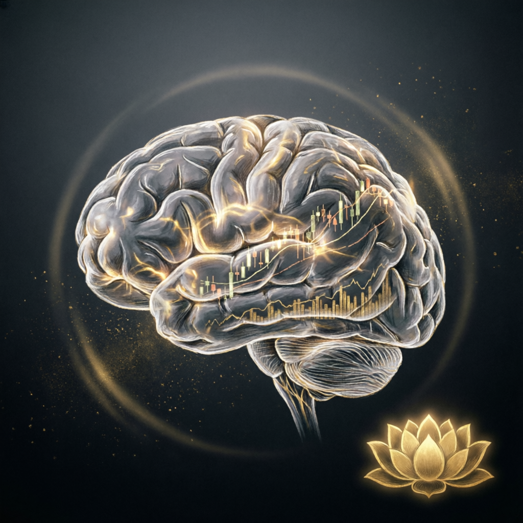 Trading psychology concept showing calm focused mind with financial charts visualization