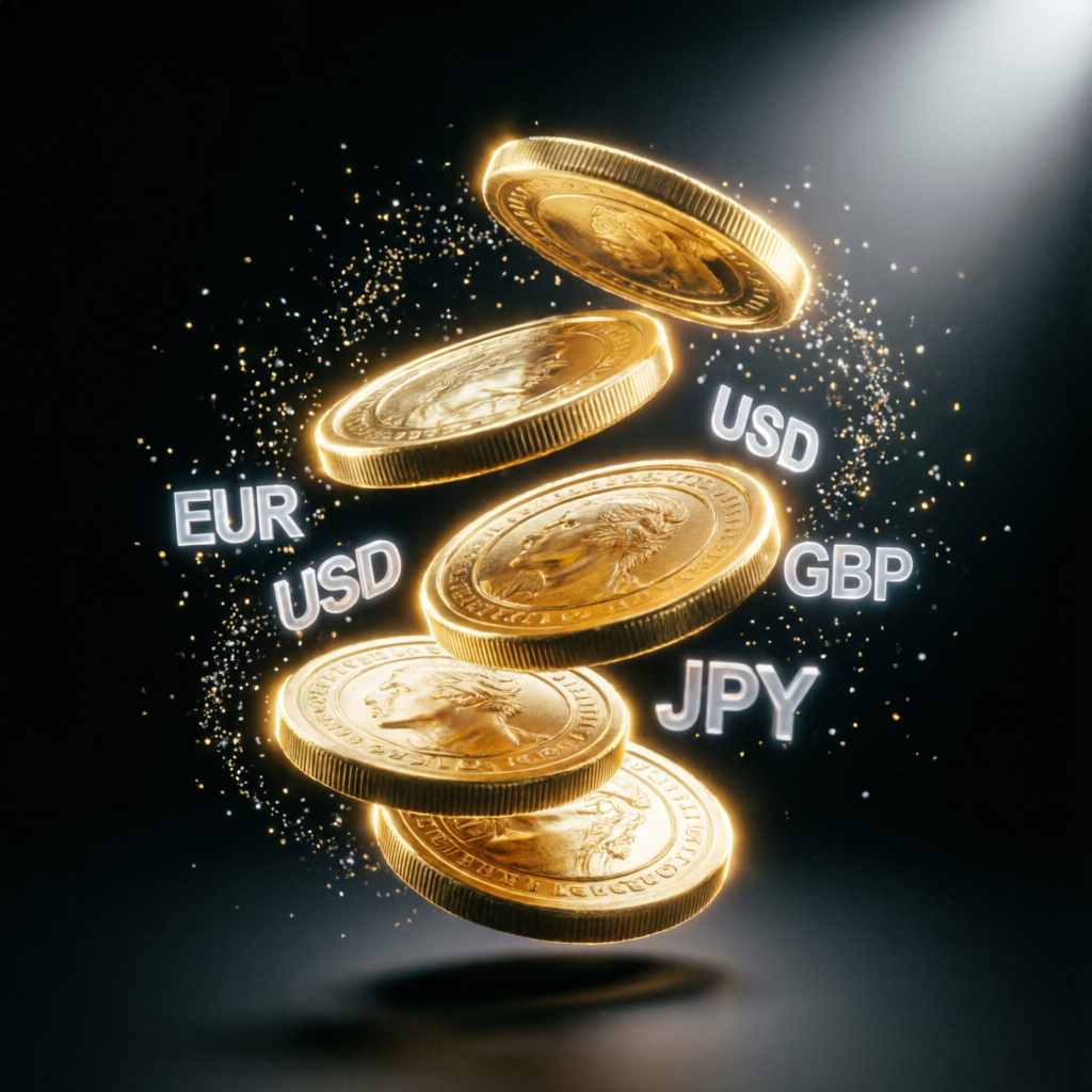 Golden forex currency coins representing EUR USD GBP JPY trading pairs