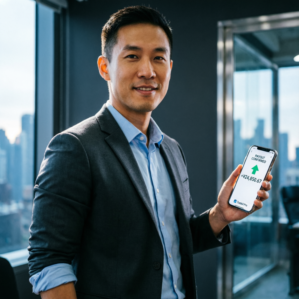 Professional trader receiving payout notification on smartphone