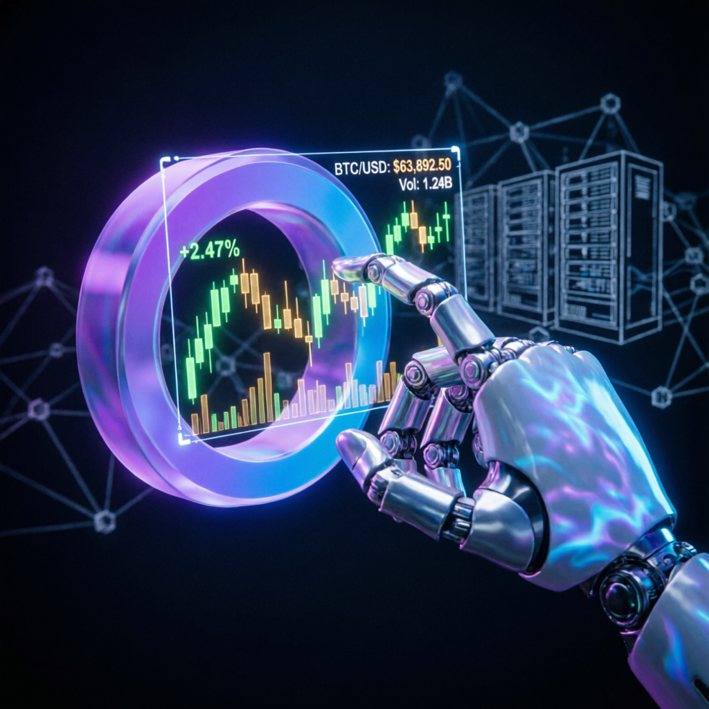 AI robot hand interacting with digital trading chart hologram