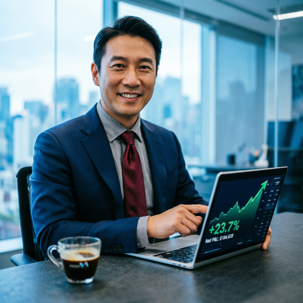 Professional funded trader with laptop showing profit growth