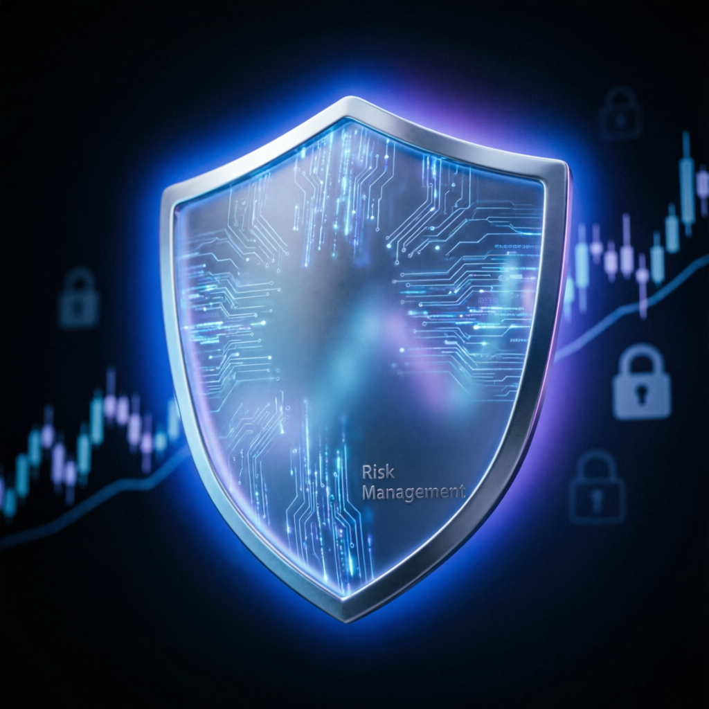 Risk management shield protecting trading capital with digital security