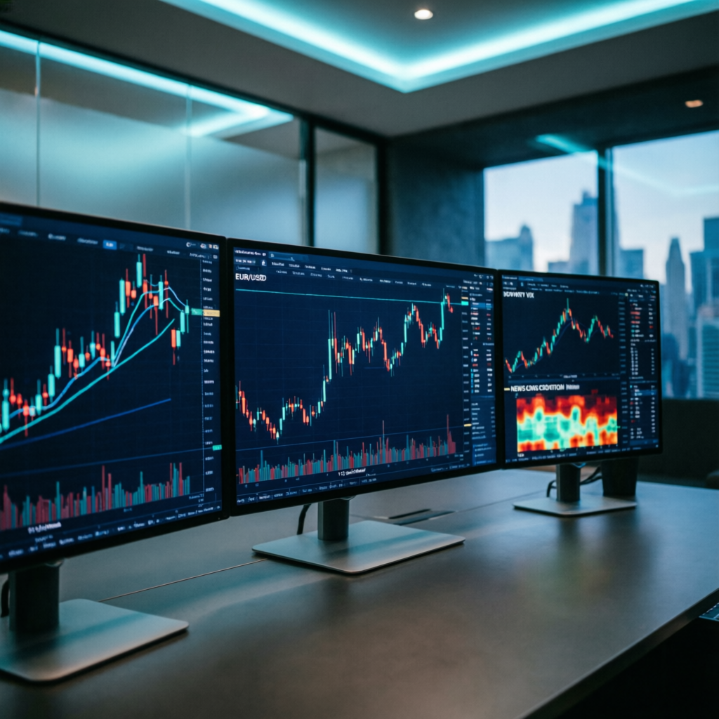 Professional forex trader workspace with multiple monitors showing Topstep trading charts