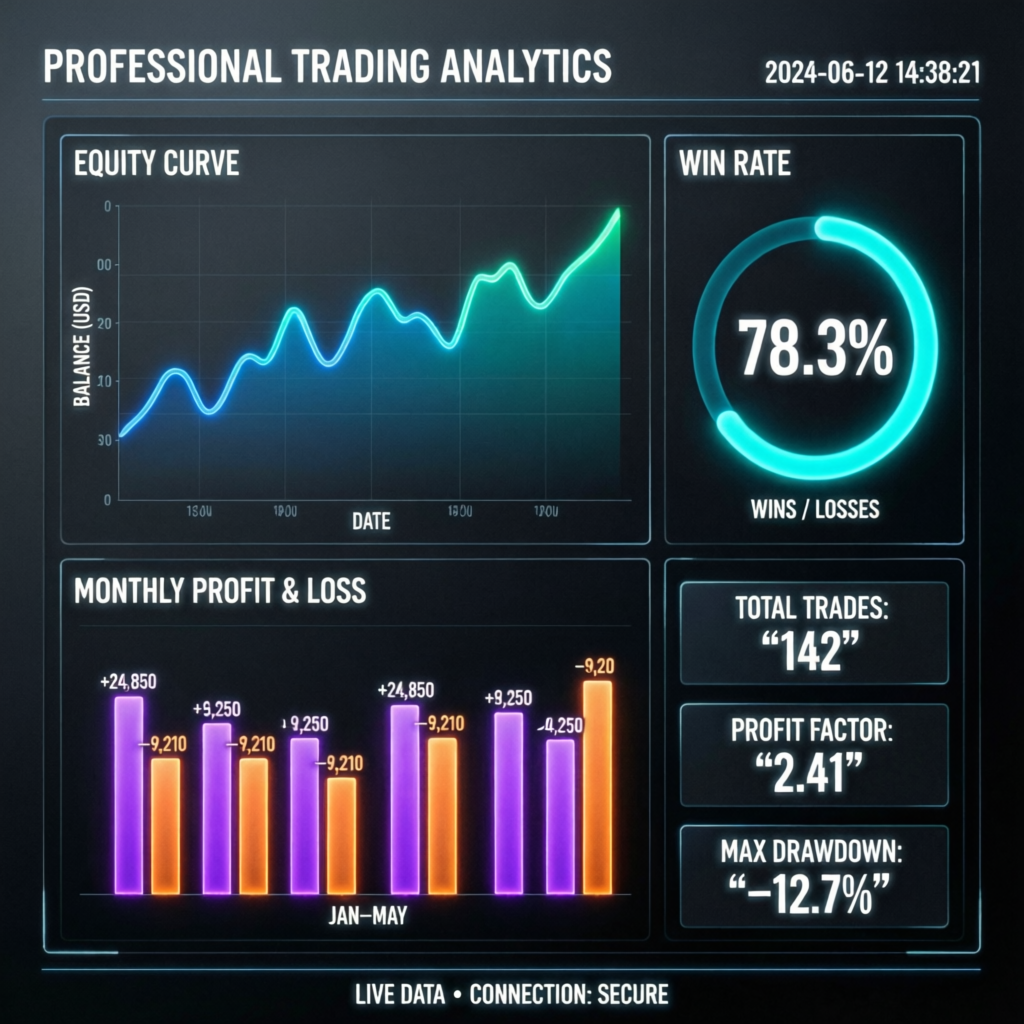 Professional trading analytics dashboard with win rate and performance metrics