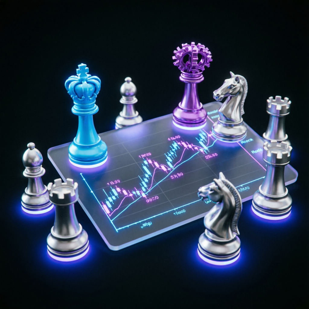 Strategic chess pieces on trading chart representing trading strategy planning