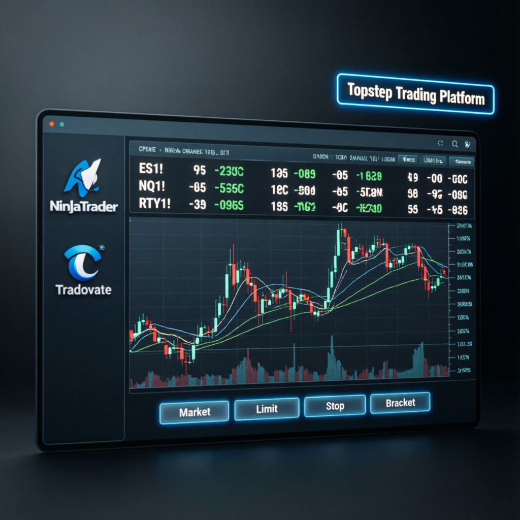 Topstep trading platform interface showing NinjaTrader and Tradovate integration