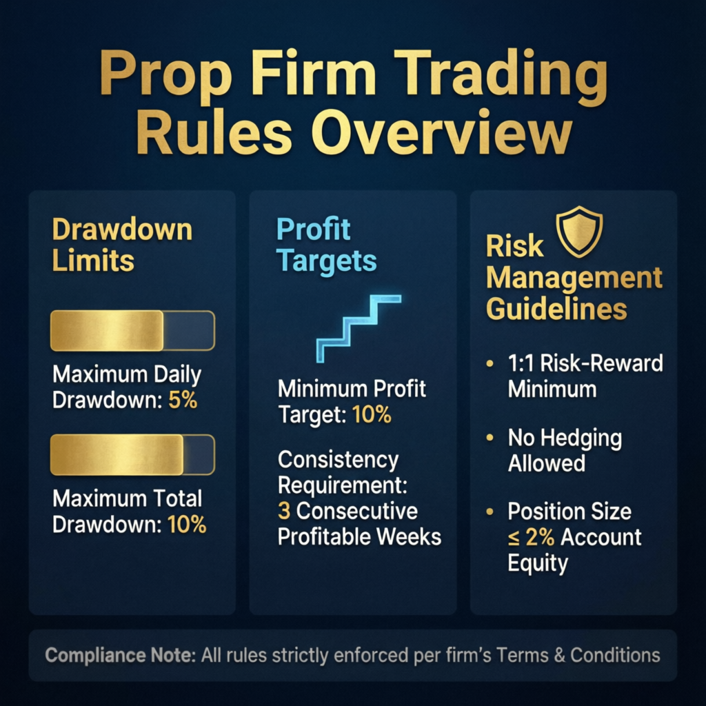 Prop firm trading rules infographic showing drawdown limits, profit targets, and risk management guidelines