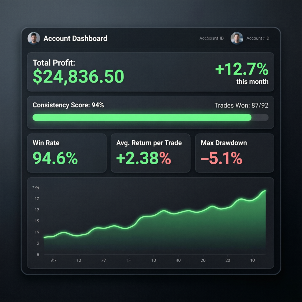 Successful funded account dashboard showing profits and consistency metrics