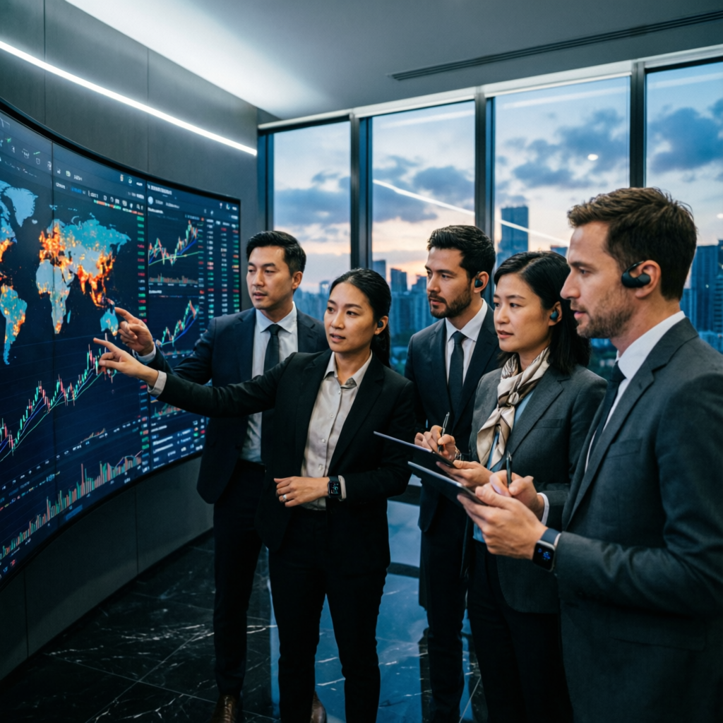 Team of professional financial analysts working together in modern trading firm
