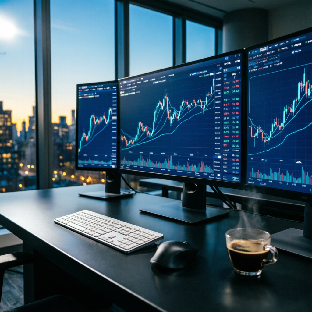 Professional trading desk with multiple monitors showing forex charts