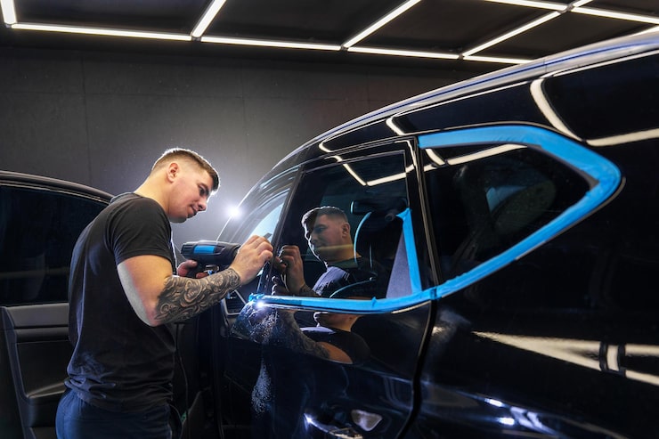 Full car detailing under hexagon lights at AUTO GLAZE studio