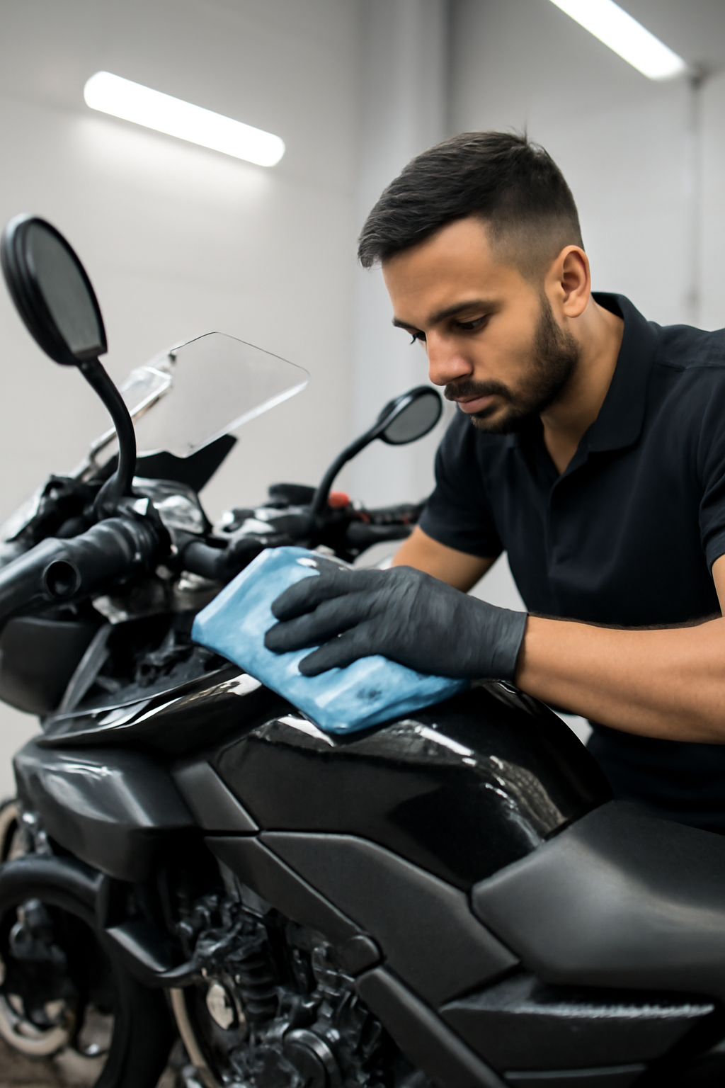Bike detailing specialist wiping motorcycle tank with microfiber