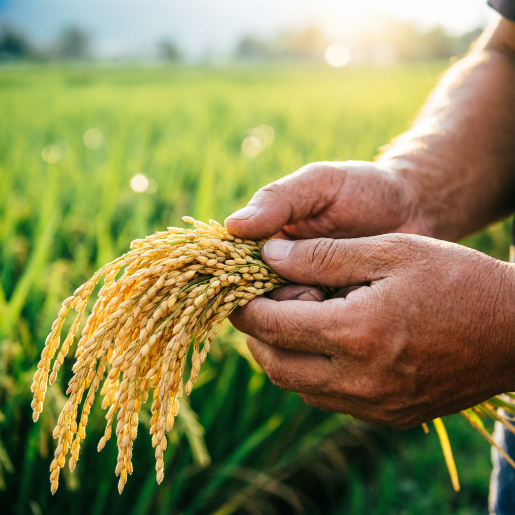 Manos sosteniendo espigas de arroz recién cosechado