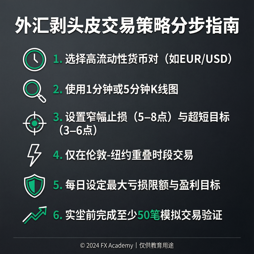 Forex scalping strategy step by step guide infographic with numbered steps