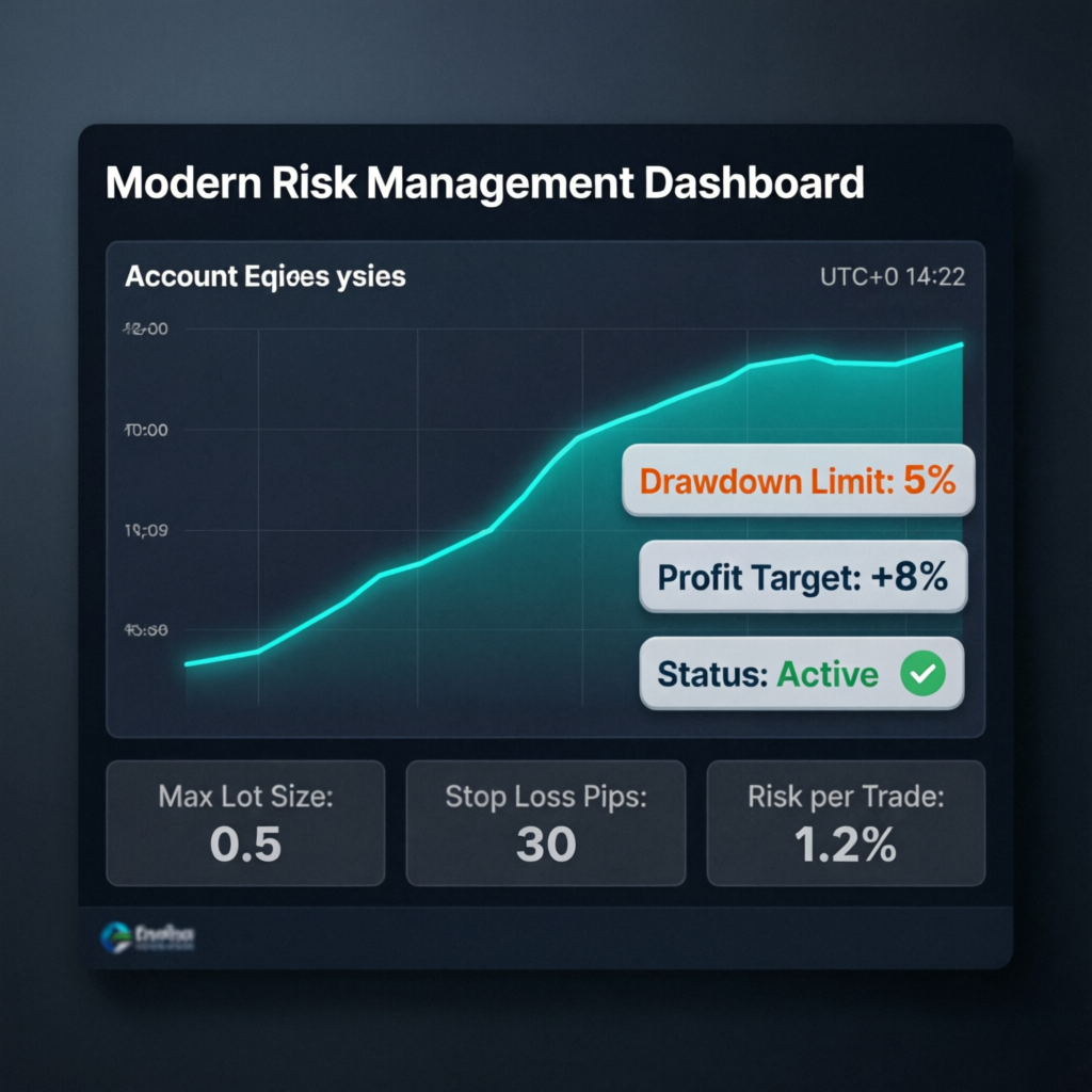 Modern risk management dashboard for forex trading showing account equity, drawdown limits and profit targets