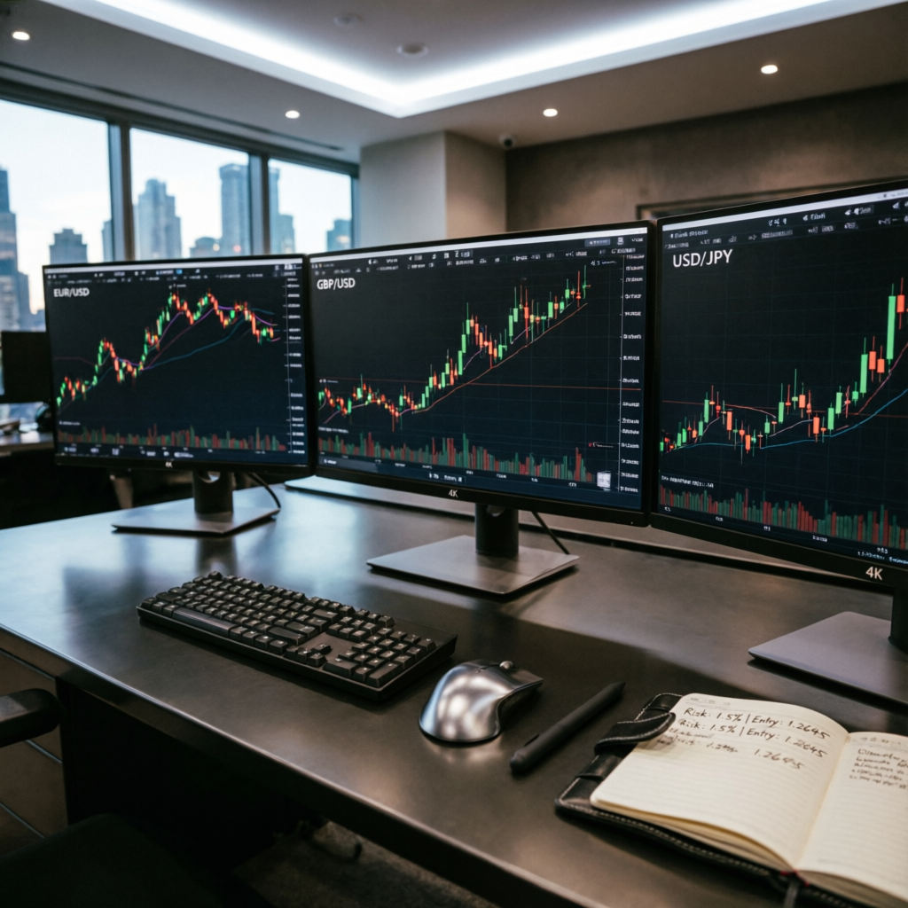Professional forex trading desk with multiple monitors displaying candlestick charts