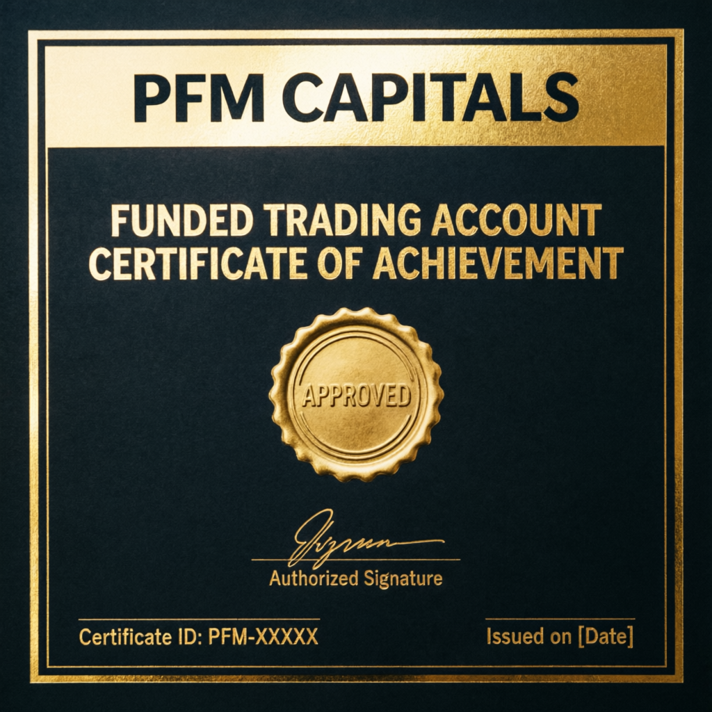 PFM Capitals funded trading account certificate of achievement