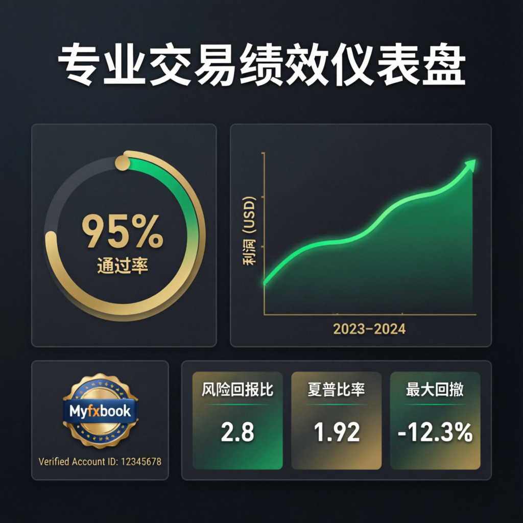Professional trading performance metrics dashboard showing pass rate, profit growth and verified Myfxbook statistics