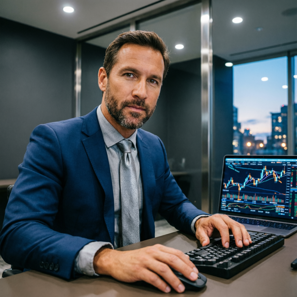 Professional forex trader analyzing scalping charts on laptop in modern office