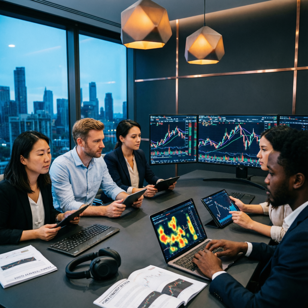 Professional forex trading team collaborating on scalping strategies in modern fintech office