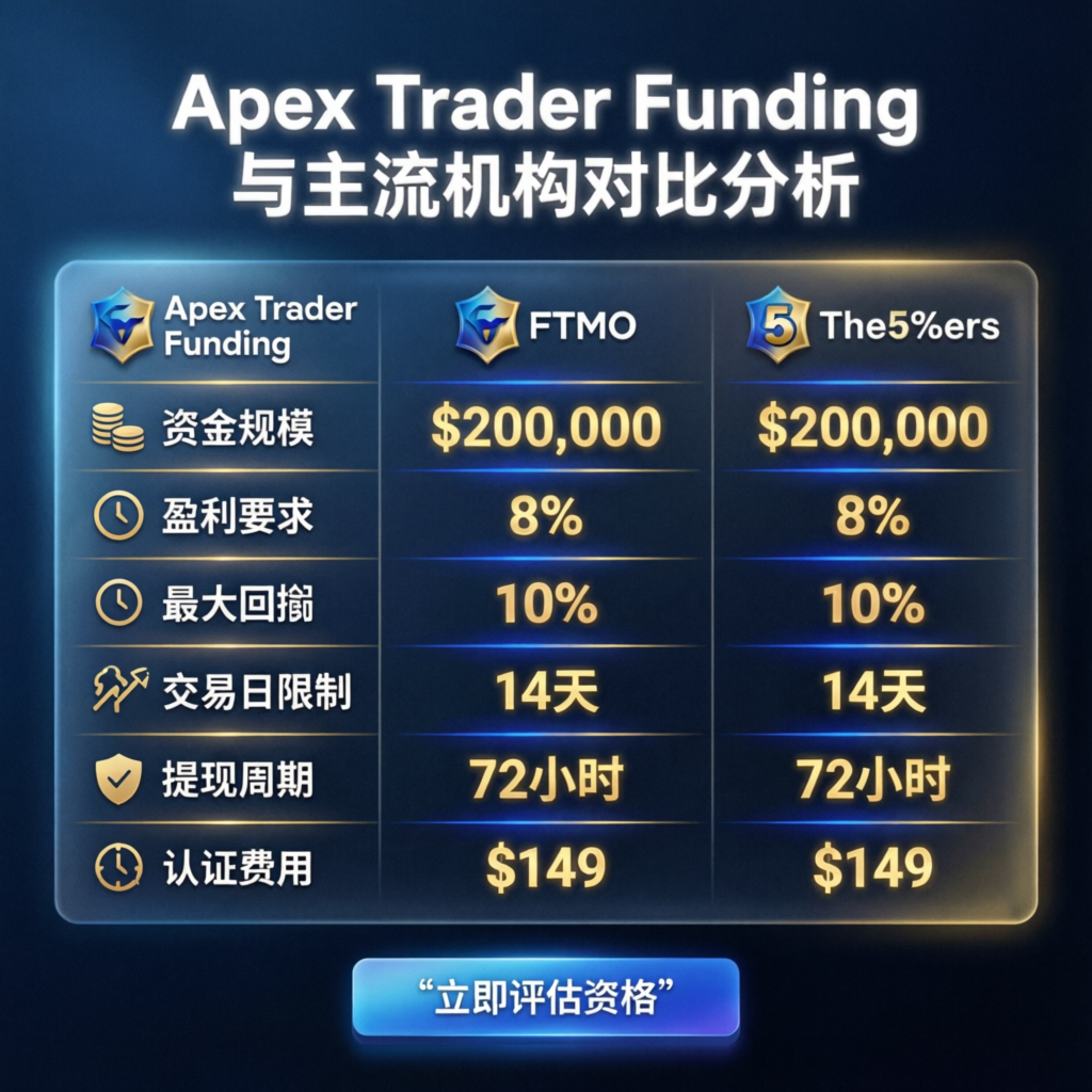 Apex Trader Funding account comparison showing different sizes and features