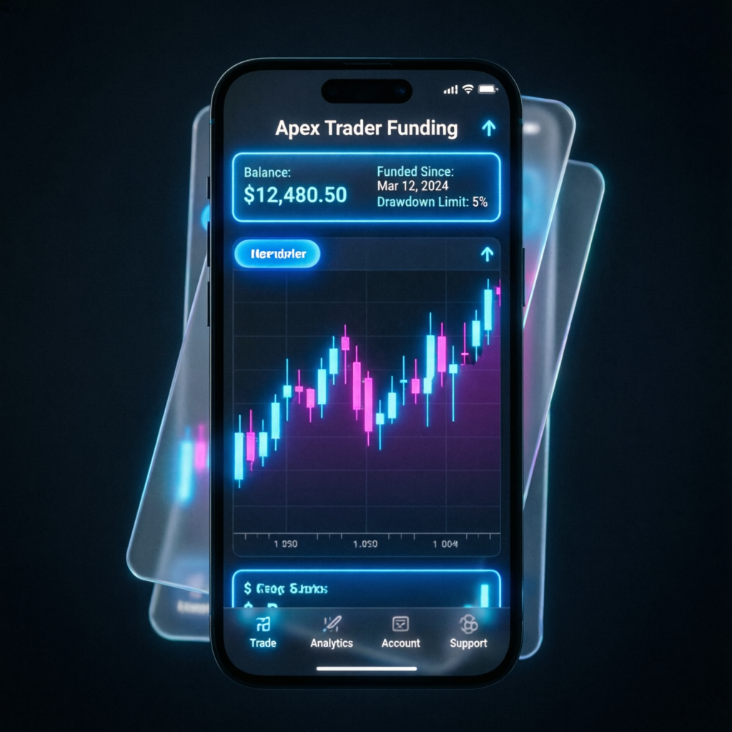Mobile trading app showing Apex Trader Funding account on smartphone