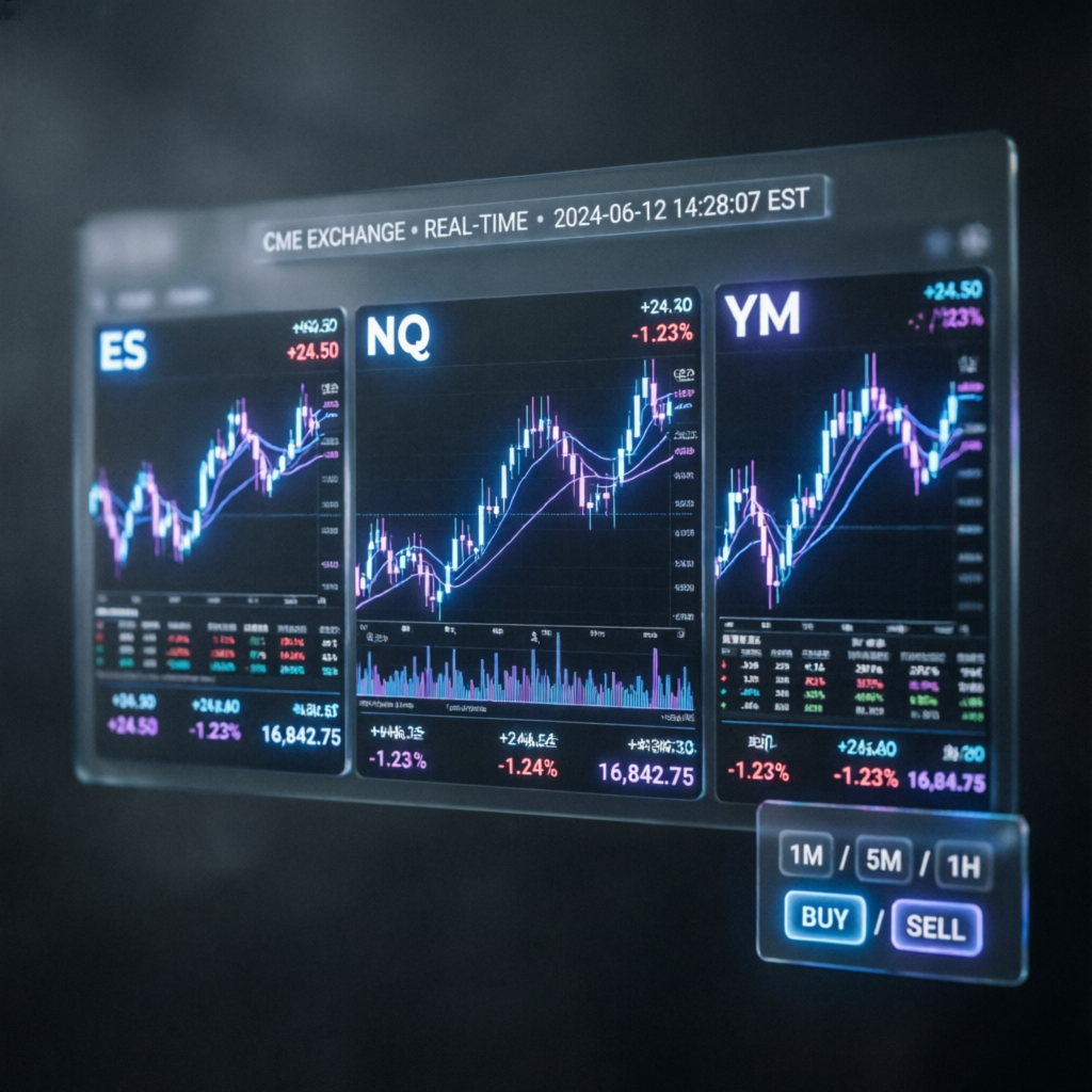 Futures market trading visualization showing ES NQ YM contracts on CME exchange