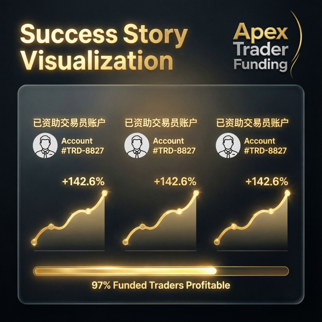 Success story visualization showing multiple funded trader accounts growing