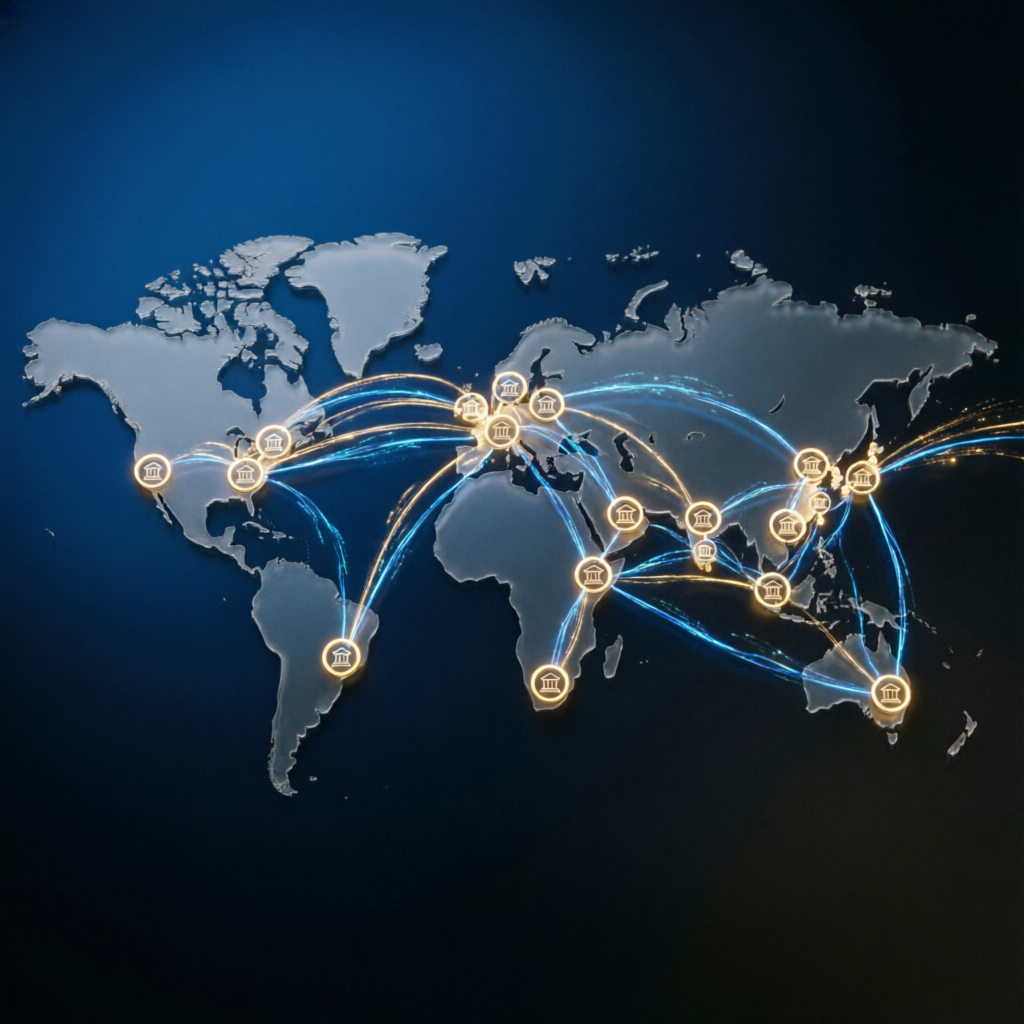 Global prop firm network visualization showing worldwide trading connections