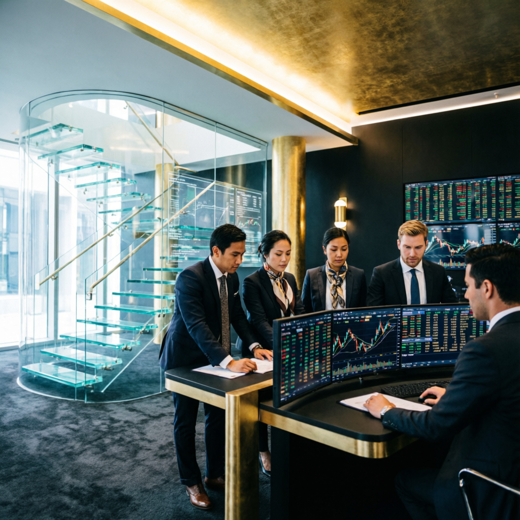 Team of professional prop firm traders working together in modern trading floor