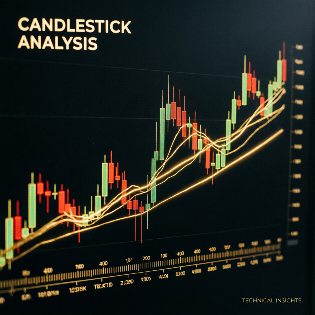 Candlestick chart analysis with golden trend lines showing technical analysis for prop firm trading