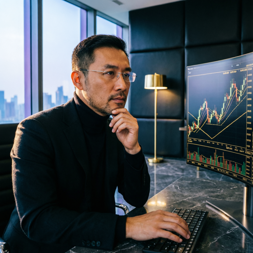 Professional forex trader analyzing Topstep daily loss limit charts on multi-monitor setup