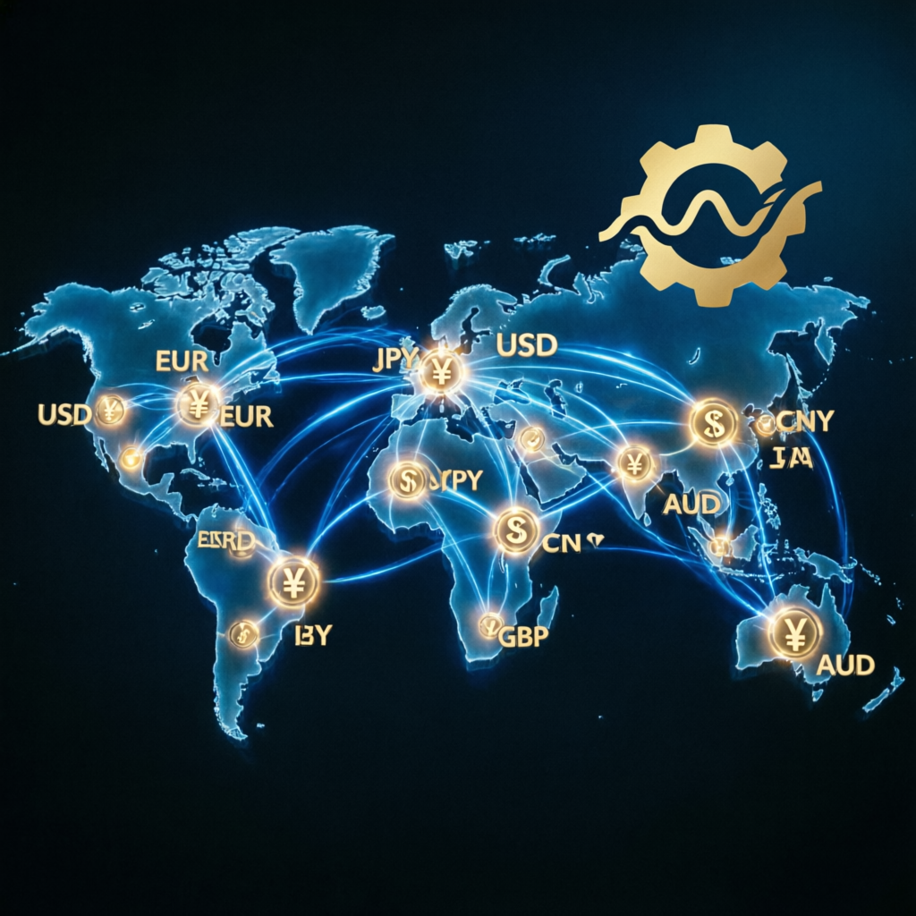 Global forex market with connected trading nodes worldwide