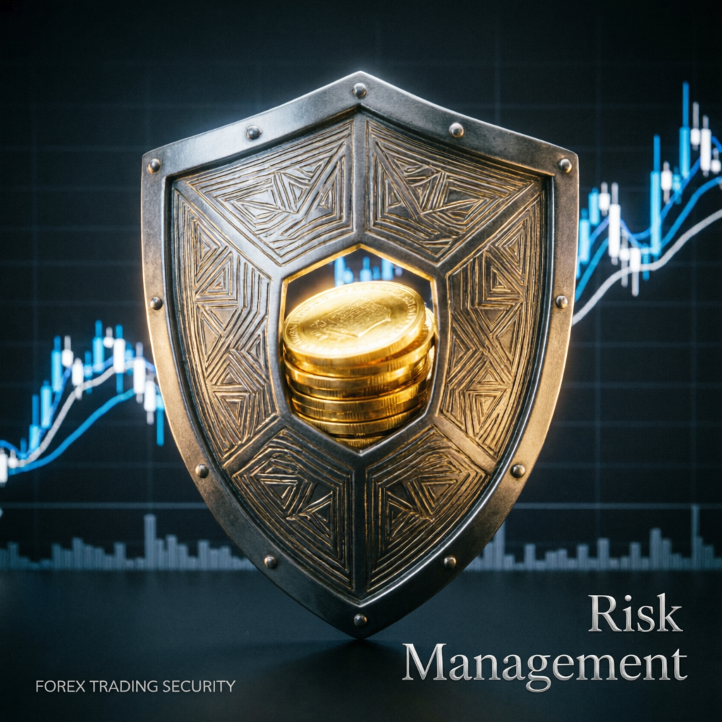 Risk management shield protecting forex trading capital