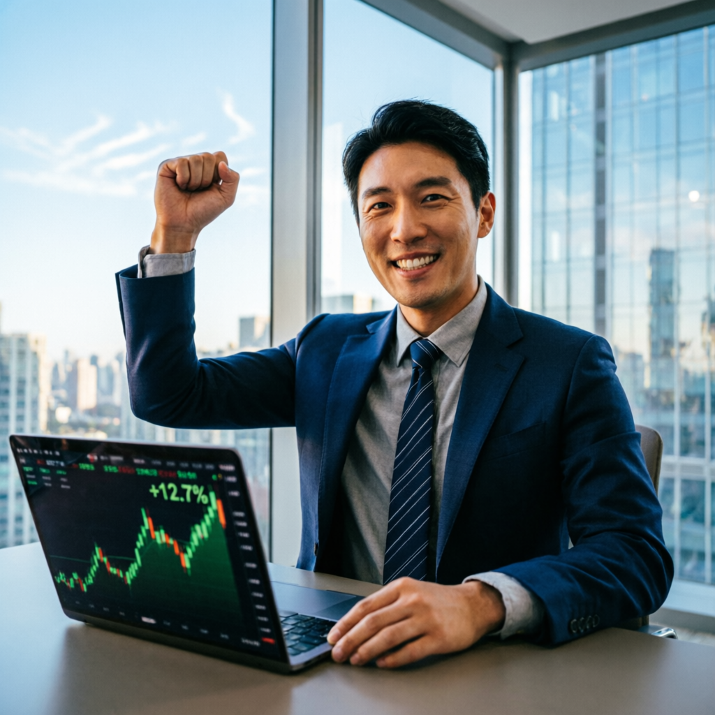 Happy successful trader celebrating profit with laptop